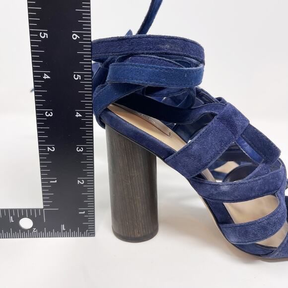Aldo Womens 6.5 Navy Blue Lace Up Suede Heels 4" Round Wood Heels Open Toes - Picture 13 of 16